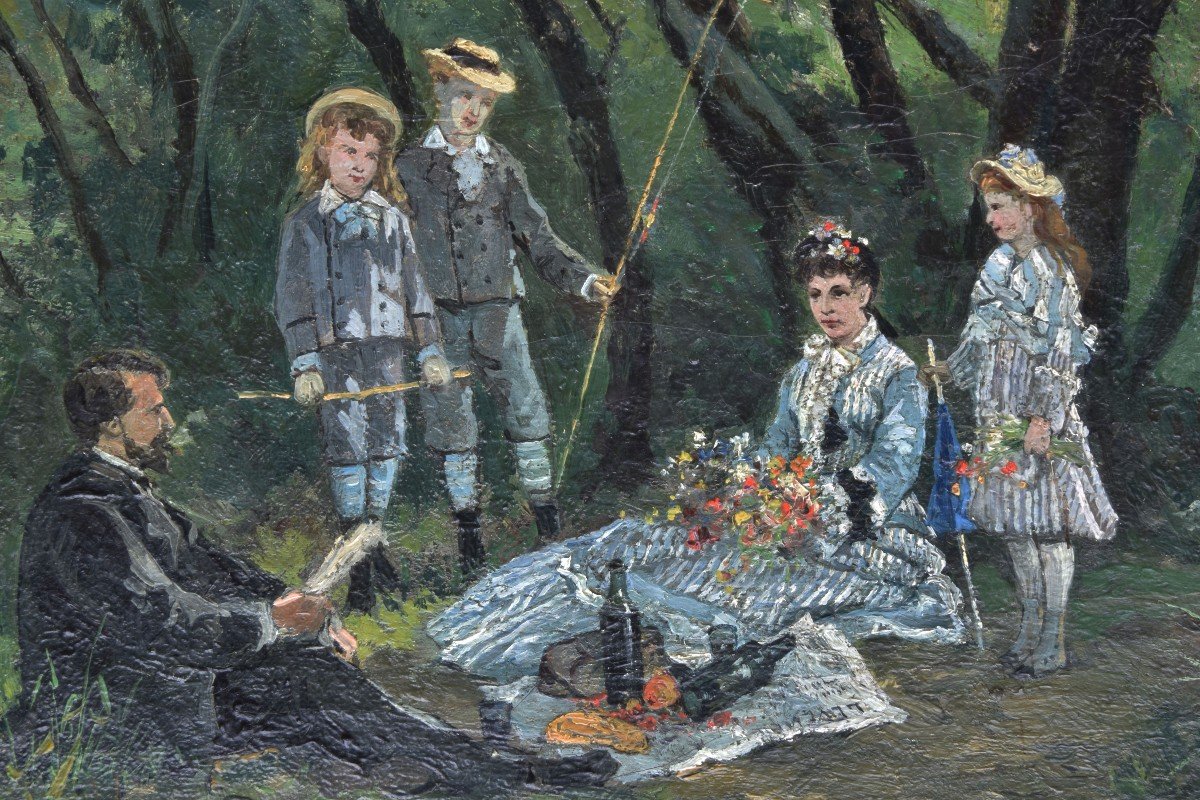 Eugène Baudouin "le déjeuner sur l'herbe" 1876 huile sur toile 27x41-photo-1